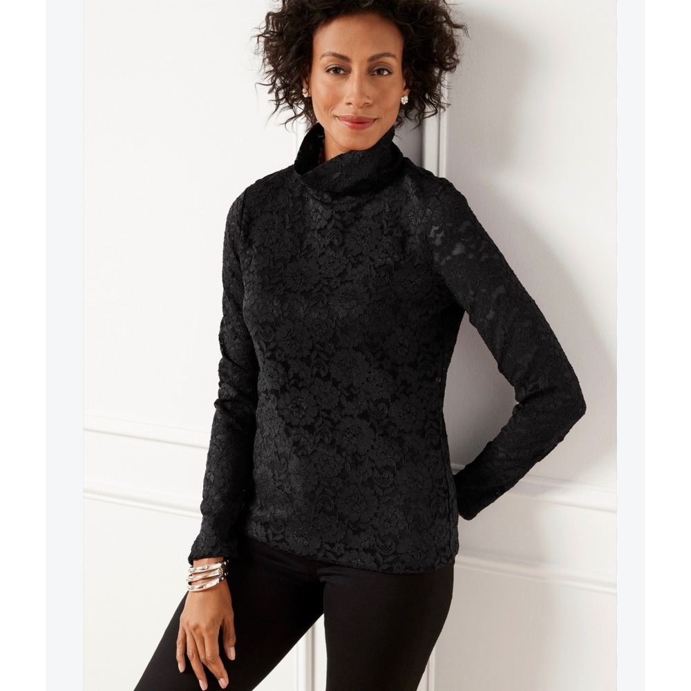 Talbots Lace Turtleneck Top Womens SP Black Floral Mock Neck Long Sleeve Blouse